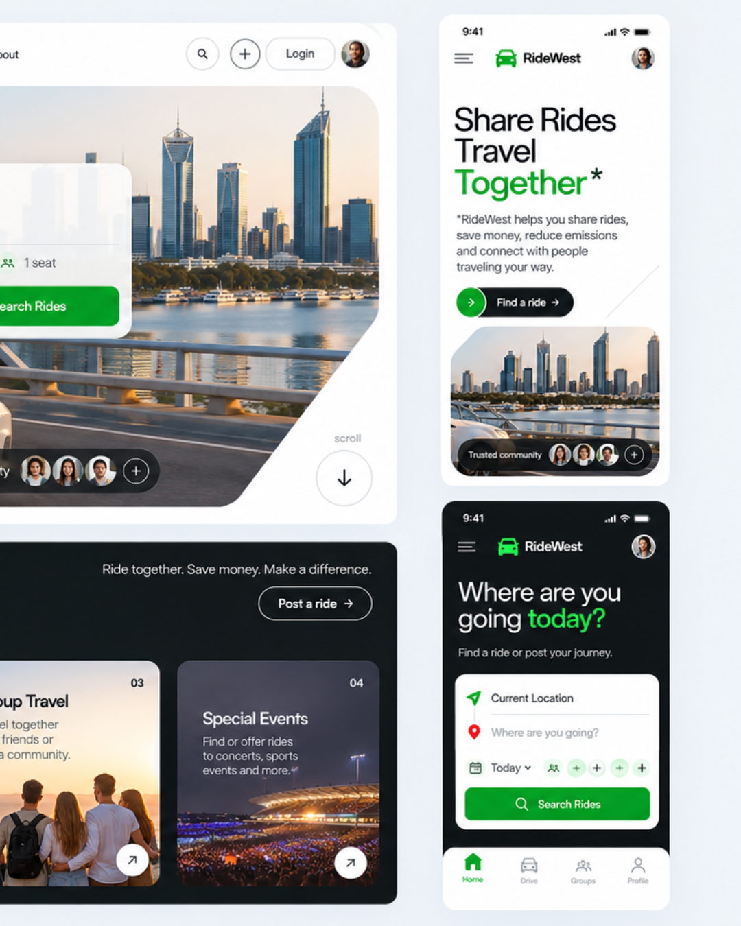 RideWest desktop and mobile designs showing ride search and journey categories