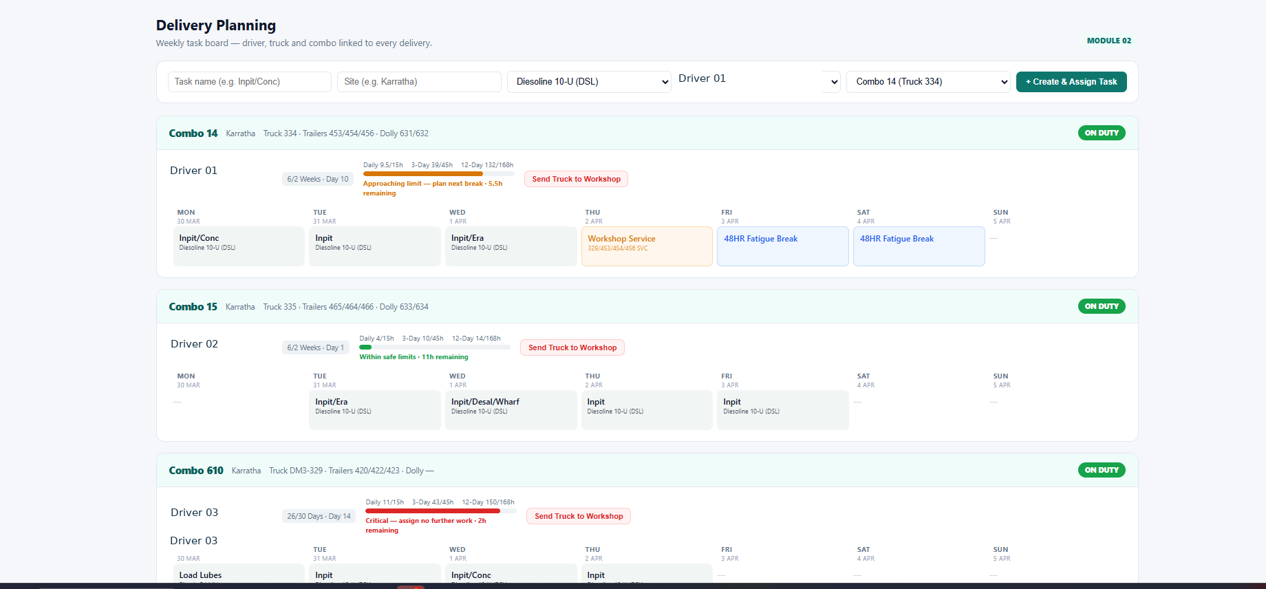 FleetPro Delivery Planning configuration prototype showing weekly delivery tasks, driver and vehicle combinations, workshop slots and fatigue indicators
