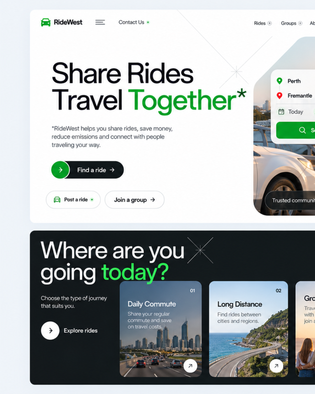 RideWest website design with find a ride, post a ride and journey categories