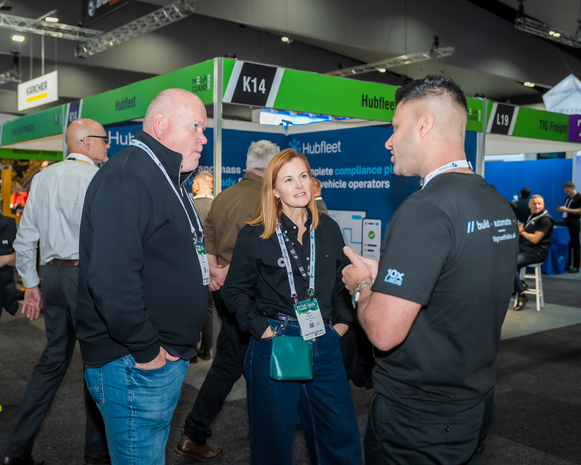 10xGrowth Labs team speaking with logistics visitors at MEGATRANS 2026