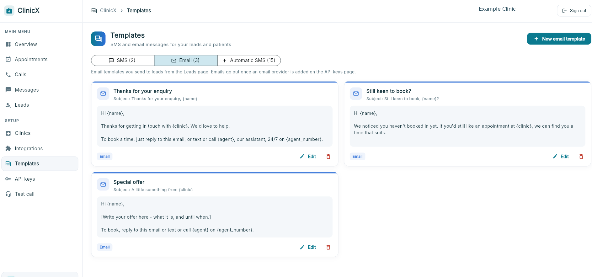 ClinicX SMS and email template preview with enquiry acknowledgement and booking follow-up drafts
