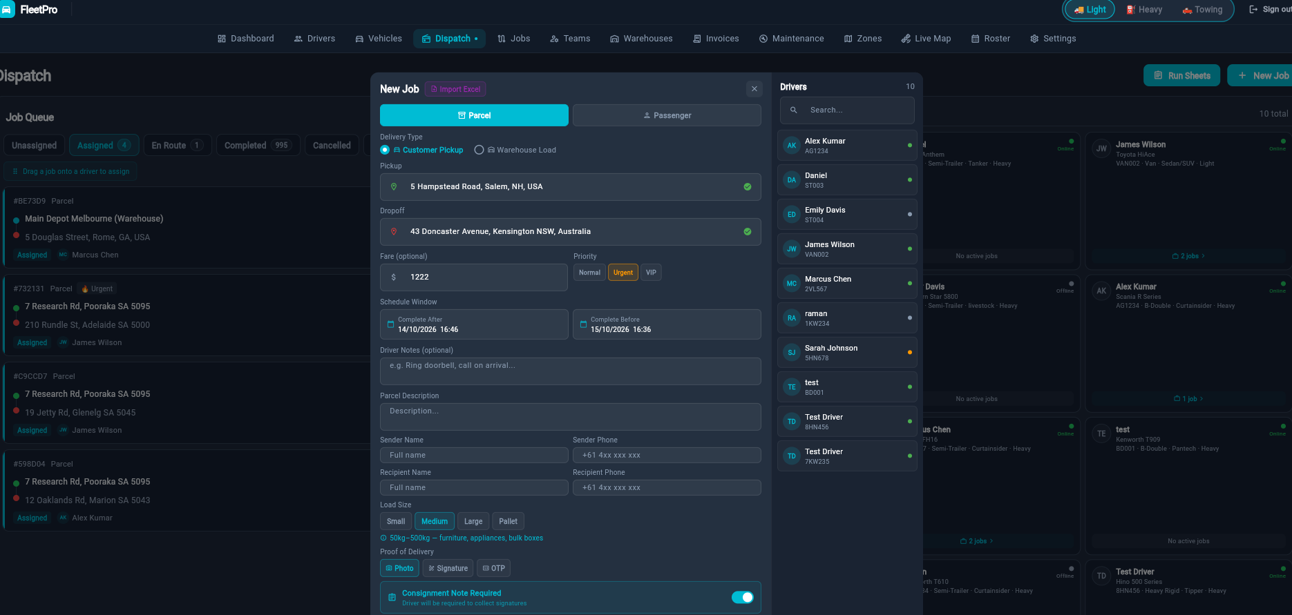 FleetPro consignment workspace with booking and delivery details
