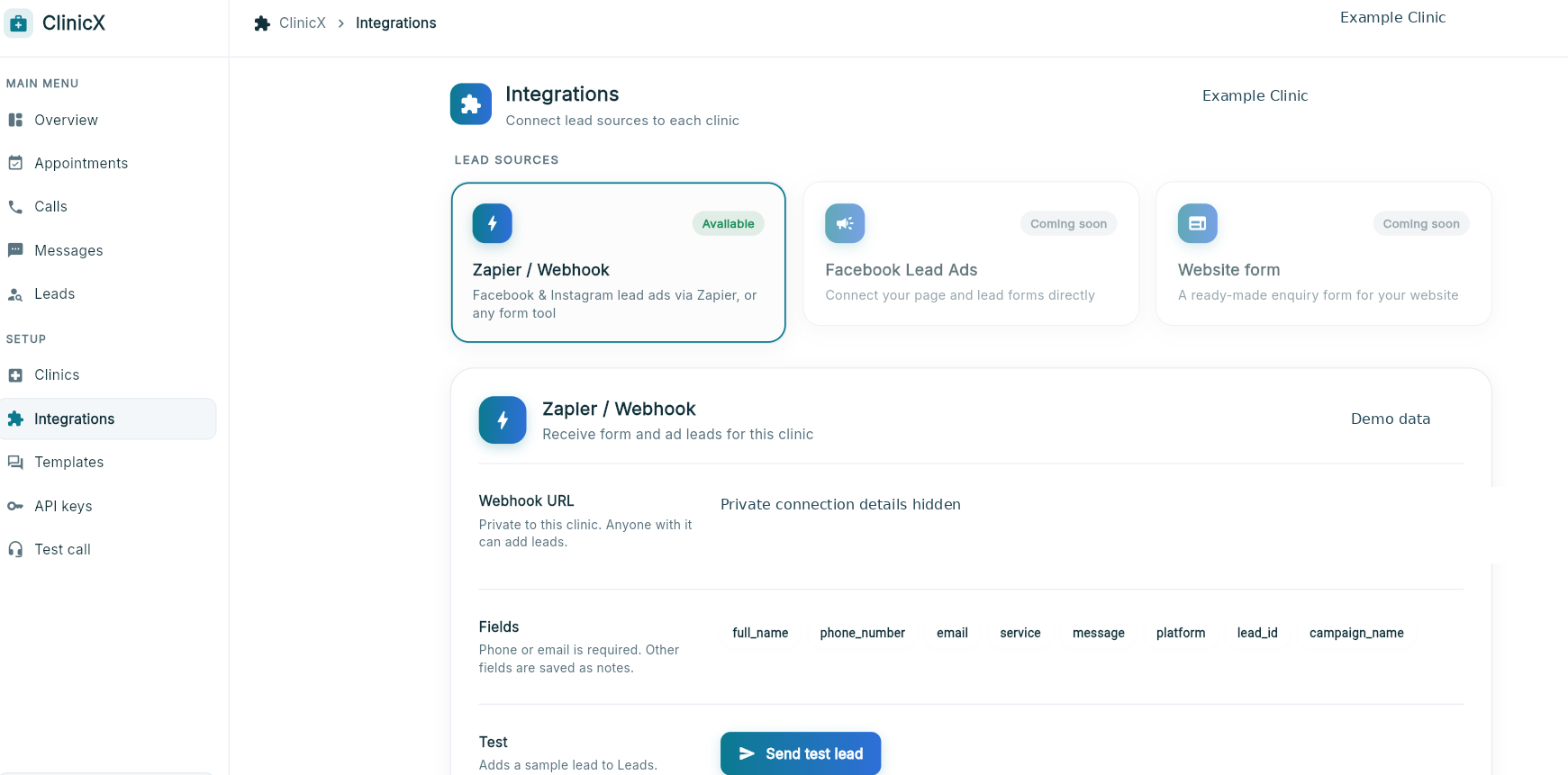 ClinicX integrations preview showing Zapier Webhook available and direct Facebook Lead Ads and website form coming soon