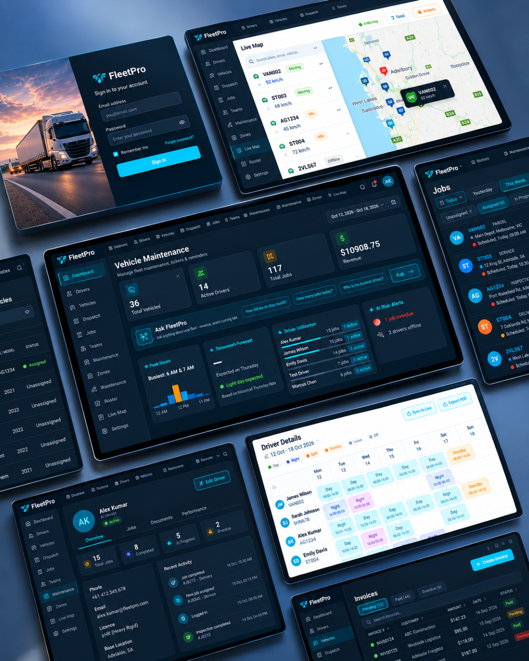 FleetPro multi-screen product presentation showing jobs, drivers, rosters and invoices