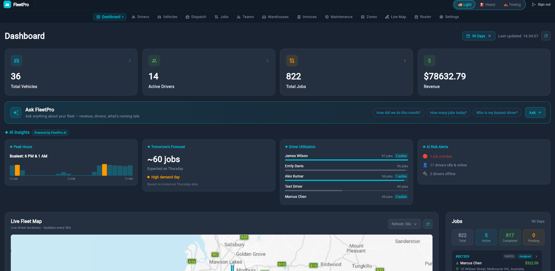 FleetPro dashboard with operational summaries and job activity