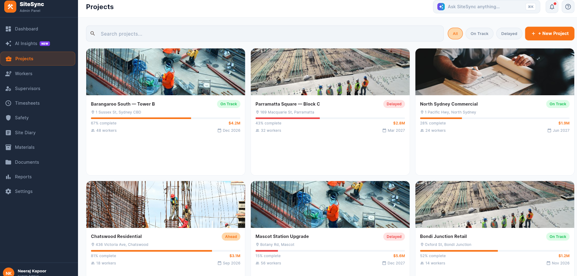 SiteSync residential and commercial project management screen