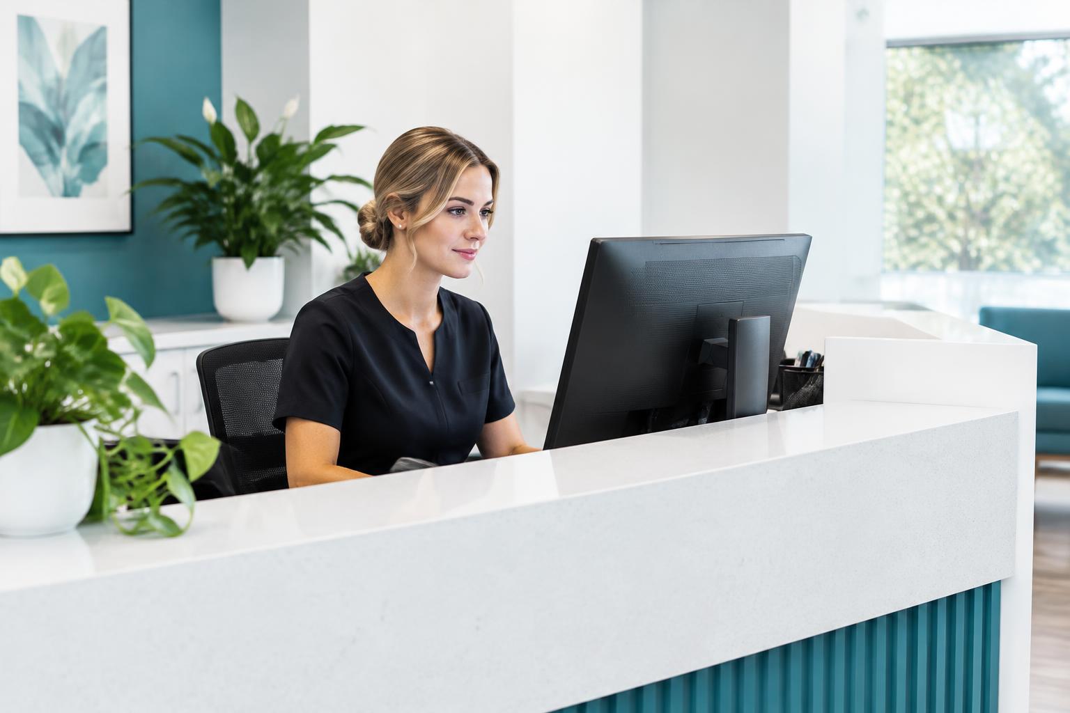 Illustrative clinic receptionist working at a modern reception desk