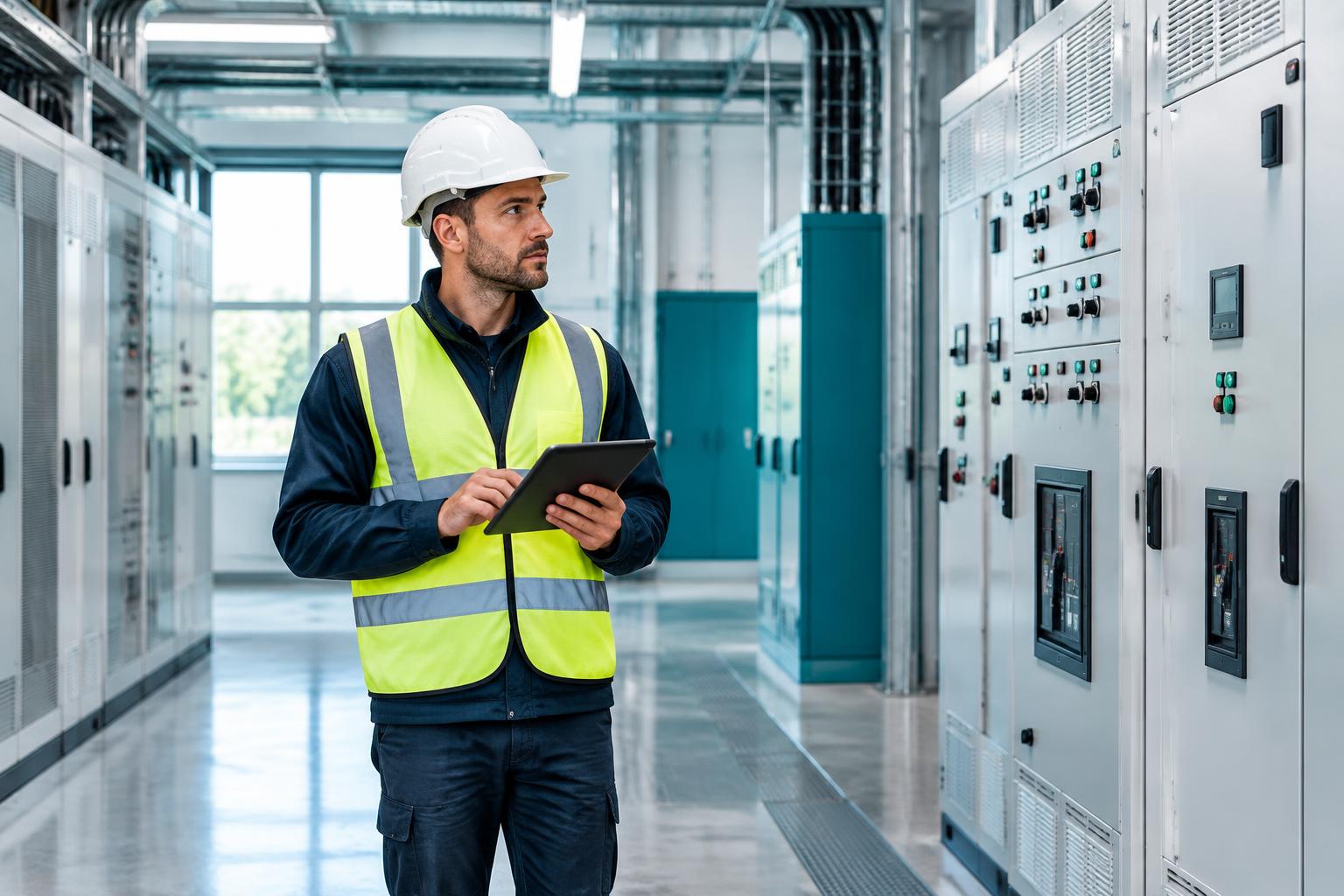 Illustrative electrical supervisor reviewing work beside commercial electrical cabinets