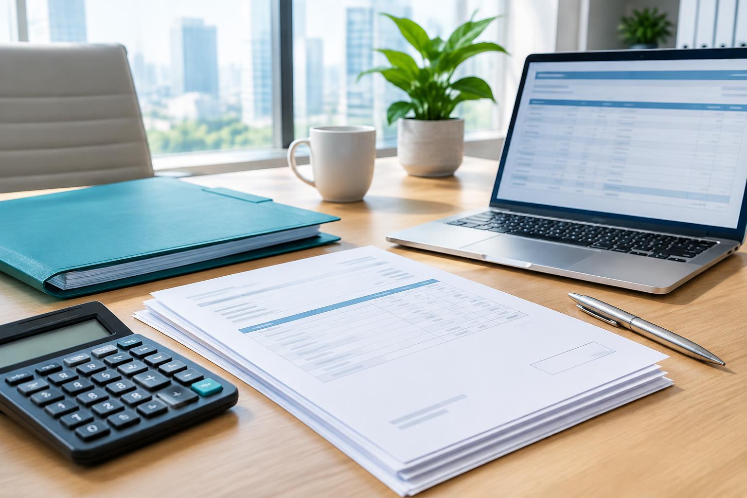 Illustrative invoice review desk with calculator and organised finance documents