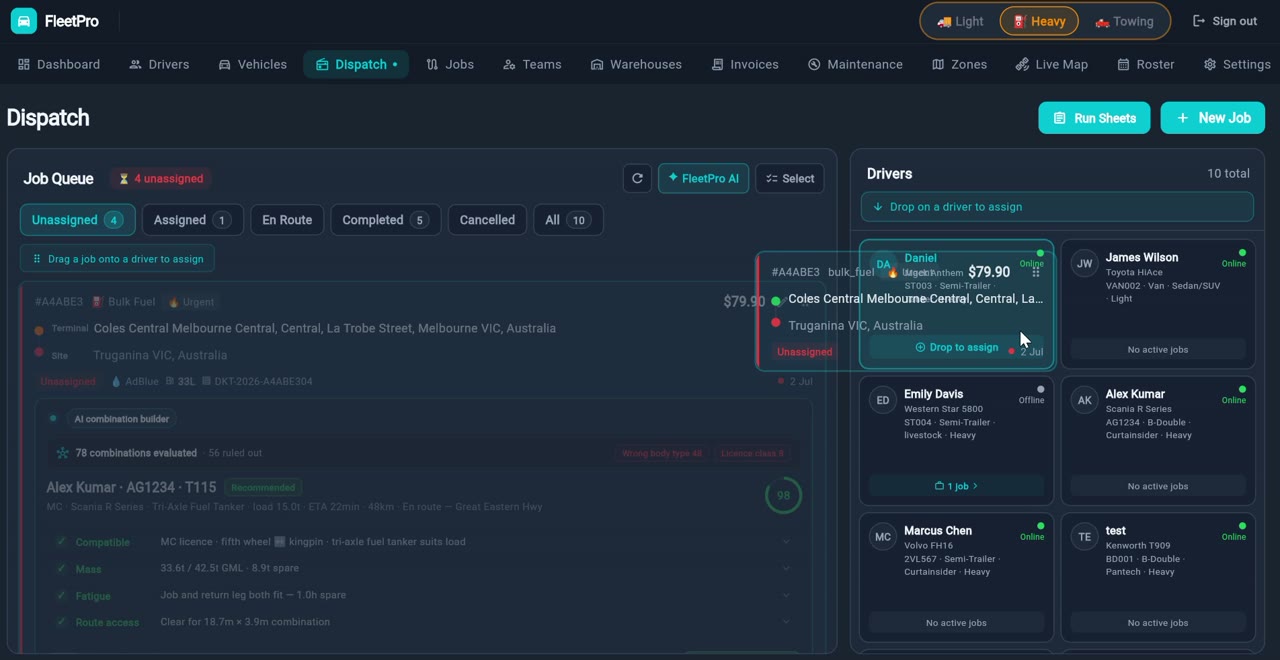 Live FleetPro dispatch screen — AI combination builder
