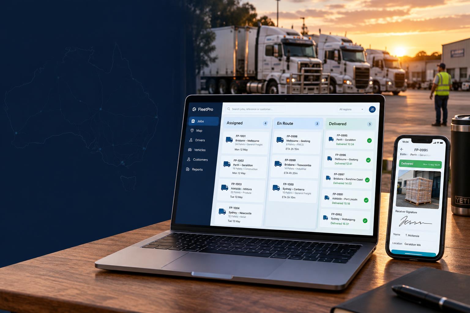 FleetPro transport trucks, dispatch workspace and mobile delivery evidence