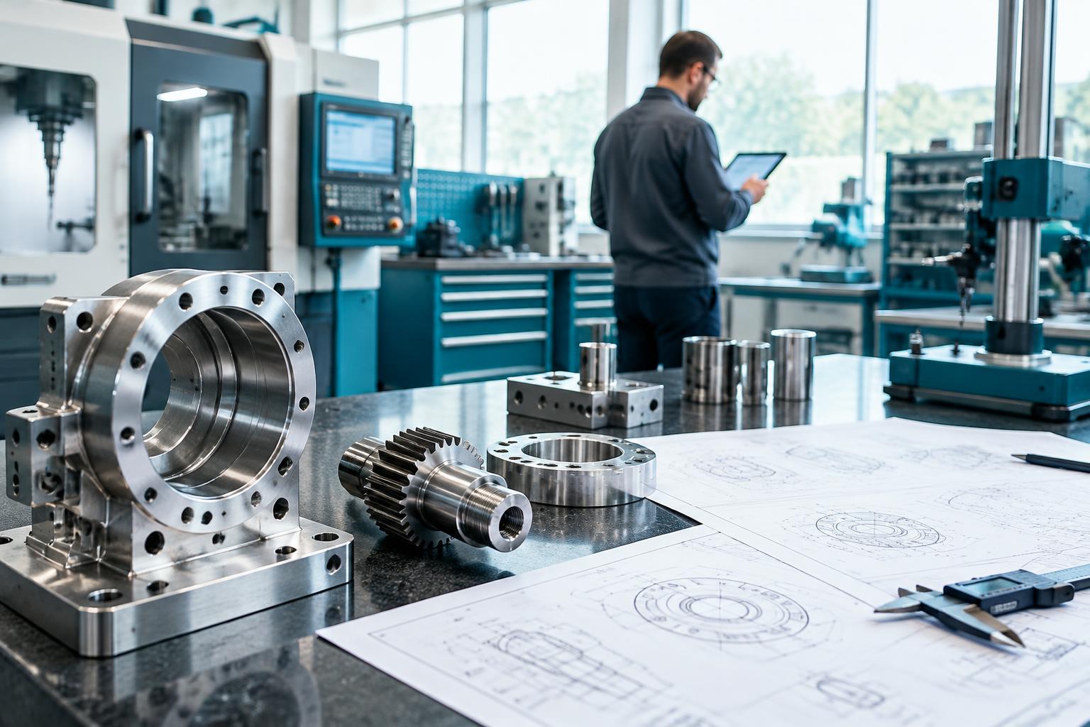 Illustrative manufacturing inspection bench with components and drawings