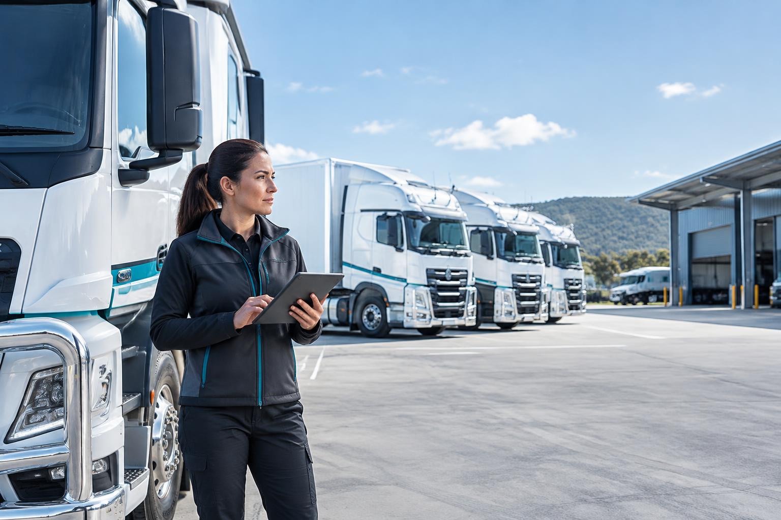 Illustrative fleet dispatcher reviewing a tablet in a truck depot